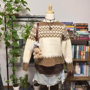 Fair Isle J. Crew Sweater Cream & Brown Womens Large Cottage Boho Retro Wool
